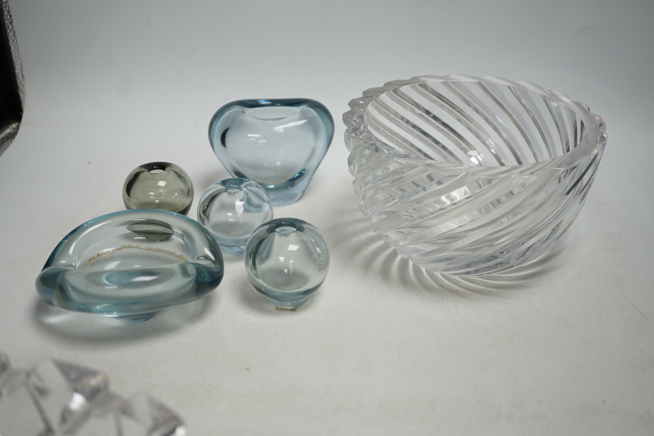 Seven glass items including two Orrefors, Sweden heavy cut glass bowls, one by Jan Johansson, and five smaller glass items by Holmgaard, etc., largest 24cm diameter
